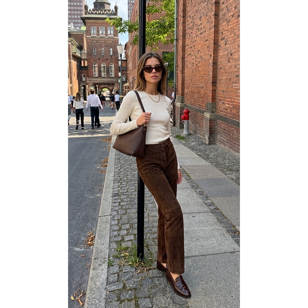 Vintage Choc Brown Suede Pants Boot Cut Sz 12 Lined 100% Leather 90s Minimalist